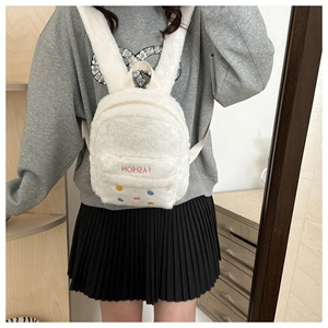 White plush mini backpack with pink Fashion embroidery and colorful flower details