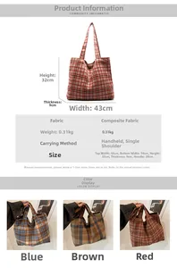 Size chart for plaid canvas tote bags showing dimensions for blue, brown, and red colors