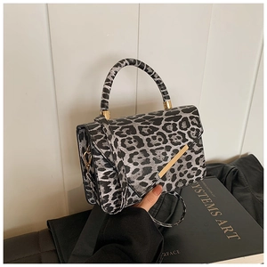 Detail of leopard print handbag with metal trim and leather handle on a book