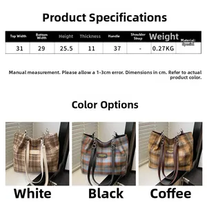 Size chart showing large plaid wool tote bag dimensions and detailed color options