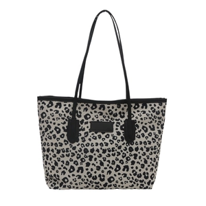 Large capacity leopard print canvas tote bag with black shoulder straps and leather patch