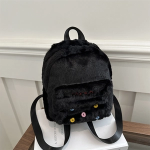 Black plush mini backpack for women with colorful buttons and fashion embroidery
