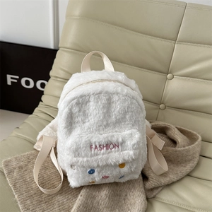 Mini white plush backpack for women featuring pink fashion embroidery and colorful dots