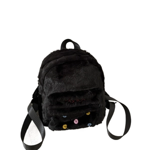 Cute black faux fur mini backpack with colorful buttons and fashion embroidery