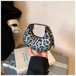 Close-up of leopard print mini hobo bag with gold zipper held by a model with books