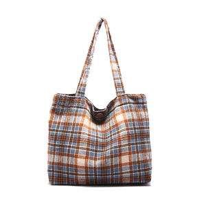 Retro plaid tote bag with blue and brown tweed fabric for autumn winter fashion shoulder bag