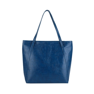 Blue tote bag with crocodile texture and long shoulder straps for winter commuting