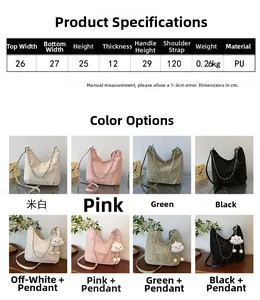 Detailed size specifications for a stylish PU leather tote bag with cloud pendant charms
