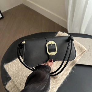Vintage Women PU Leather Underarm Bag Retro Baguette Shoulder Bag With Large Gold Metal Buckle Minimalist Commute Purse