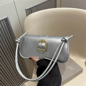 Chic silver rectangular underarm bag with gold oval buckle and thin shoulder strap