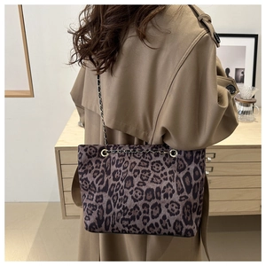 Dettaglio della borsa tote leopardata con tracolla a catena sopra un trench color kaki