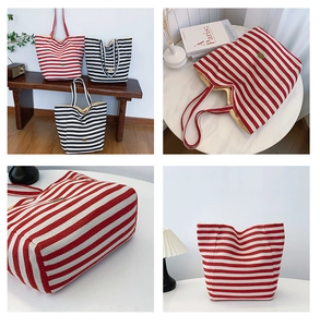Close-up of striped canvas tote bag details with woven handles in lifestyle settings