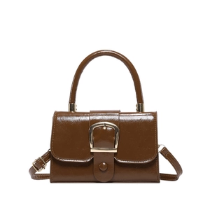 Retro brown glossy leather handbag with gold metal buckle and adjustable shoulder strap