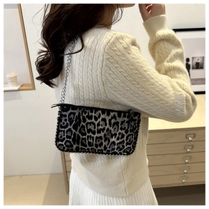 Detail of leopard print crossbody bag with silver studs and elegant chain strap