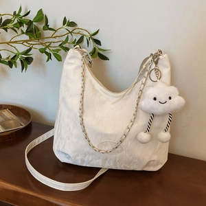 Women Hobo Bag PU Leather Pleated Shoulder Crossbody Casual Fashion Silver Chain With Cloud Plush Charm