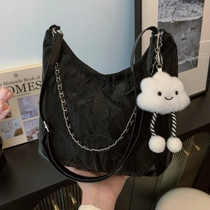 Black pleated shoulder bag with silver chain and white cloud charm for casual daily use