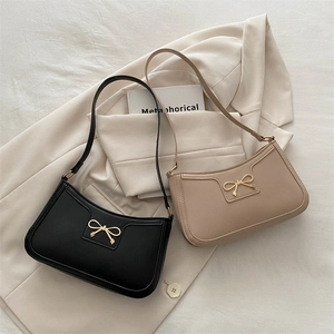 Women Underarm Bag PU Leather Golden Bow Buckle Small Square Shoulder Bagette Bag Retro Minimalist French Style Ladies Bag