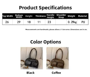 Detailed sizing chart and specifications for the PU leather shoulder bag with dimensions