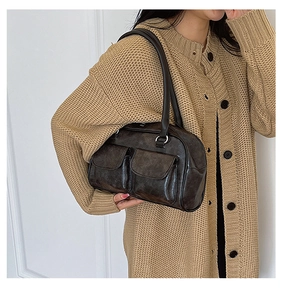 Vintage oil wax leather underarm bag with double front flap pockets for stylish daily use