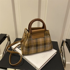 Detail of plaid wool fabric, amber acrylic handle and gold hardware on crossbody bag