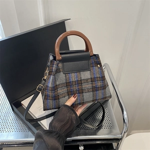 British style plaid tweed handbag with resin handle and detachable shoulder strap