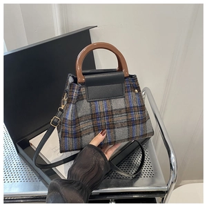 Macro detail of plaid wool mini handbag with resin handles and gold hardware accents