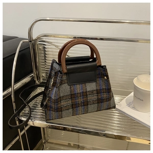 Detail of tweed plaid crossbody bag featuring round resin handles and stylish metal display