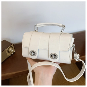 Close-up of white croc-embossed handbag with dual silver twist locks and top handle