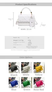 Size chart showing PU leather small square bag dimensions W22cm H14.5cm and color options