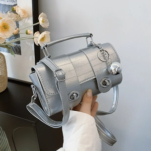 French Croc-Embossed PU Leather Crossbody Bag Minimalist Cylindrical Handbag With Turn-Locks And Metal Ball Charm Women