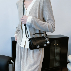 French style crocodile pattern cylinder handbag with silver ball pendant in black leather