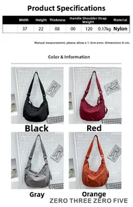 Detailed size chart and multi-color nylon crescent shoulder bag specifications