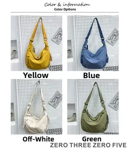 Detail display of large capacity pleated nylon crossbody bags in four vibrant colors