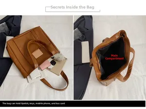 Detailed internal view showing large capacity of the brown PU leather tote bag