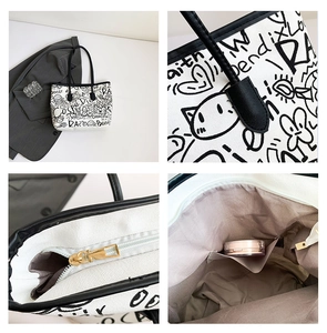 Detailed views of white graffiti tote bag with zipper closure and interior storage