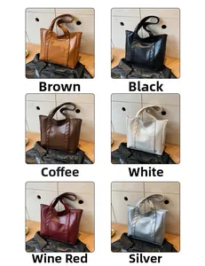 Collage of large faux leather tote bags in six different colors for daily commuting use