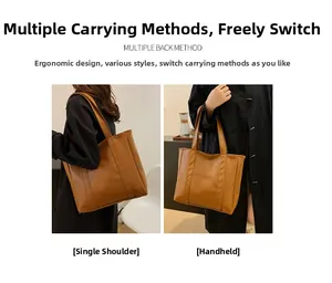 Brown leather tote bag featuring vertical stitched stripes for shoulder or hand carry