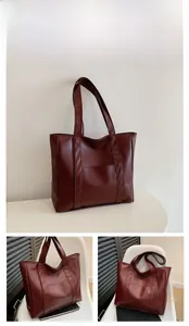 Detailed views of wine red faux leather tote bag with vintage pebble texture and twin handles