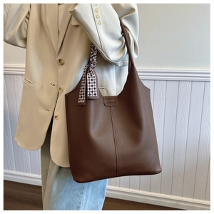 Premium dark brown lychee pattern tote bag with vintage silk scarf decoration