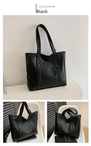 Detailed views of a black large-capacity leather tote bag with vertical stitching