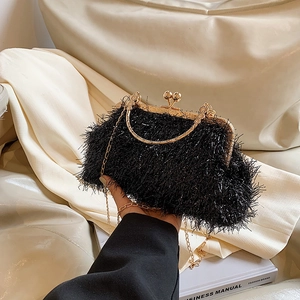 Sac De Soirée Vintage Femme Plumes Franges Luxe Mariage Fête Bandoulière Poignée Métal Doré Fermoir Clip