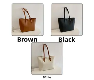 Minimalist large tote bags shown in brown, black, and off-white faux leather colors