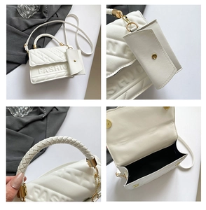 Detail of white quilted crossbody bag featuring metal buckle and FASHION embossed logo