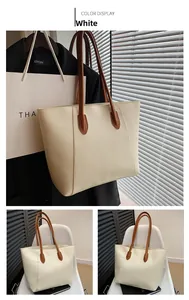Detail view of large cream tote bag with brown handles in various display settings