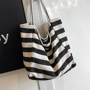 Large capacity canvas tote bag with classic black and white horizontal stripes style