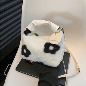 Plush faux fur handbag with black flower pattern and ruched handle for women
