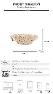 Detailed size chart of the white rainbow polka dot chest bag with dimensions and capacity