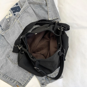Japanese retro black canvas bucket bag with large capacity and drawstring closure