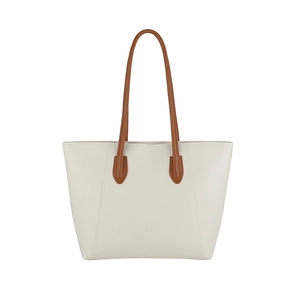 Minimalist white leather tote bag with brown handles, spacious commute shoulder bag for women