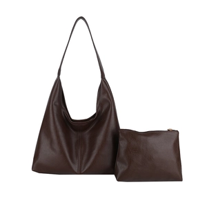 Deep brown PU leather shoulder bag set with minimalist slouchy design and small pouch